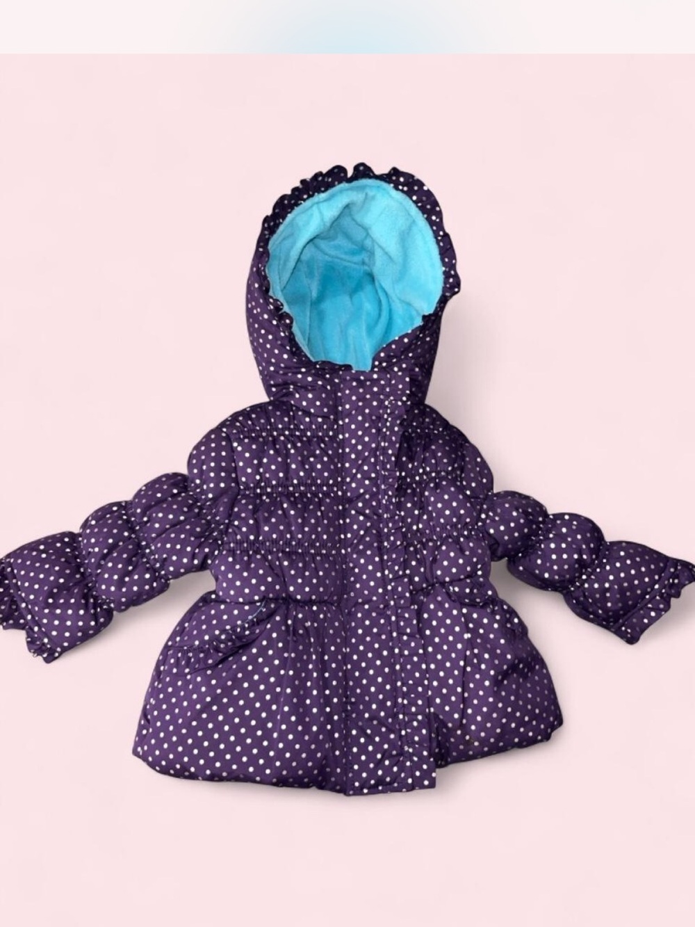 Pink Platinum Purple Polka Dot Puffer Jacket with Blue Lining